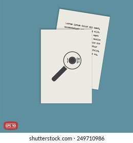 Magnifier with knife, plate and fork icon. Cafe restaurant. Flat design style. Made vector illustrator