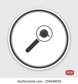 Magnifier with knife, plate and fork icon. Cafe restaurant. Flat design style. Made vector illustrator. Emblem or label with shadow.