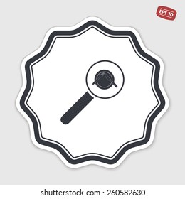 Magnifier with knife, plate and fork icon. Cafe restaurant. Flat design style. Made vector illustrator. Emblem or label with shadow.