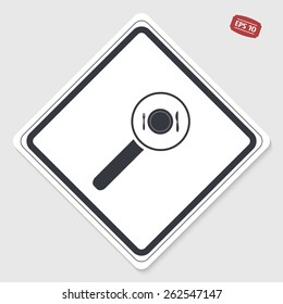 Magnifier with knife, plate and fork icon. Cafe restaurant. Flat design style. Made vector illustrator. Emblem or label with shadow.