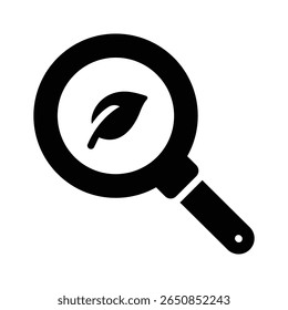 Lupa con la hoja que muestra el concepto de icono de glifo de investigación ecológica