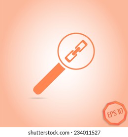Magnifier with link icon. Sign of the chain. Flat design style. Made in vector illustration