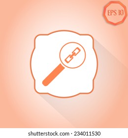 Magnifier with link icon. Sign of the chain. Flat design style. Made in vector illustration