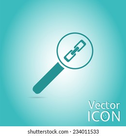Magnifier with link icon. Sign of the chain. Flat design style. Made in vector illustration