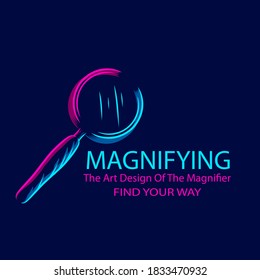 Magnifier logo line pop art portrait colorful design with dark background. Abstract vector illustration.