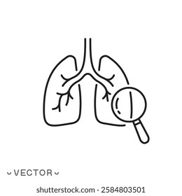 magnifier looking on lungs icon, healthy human lung, thin line symbol concept isolated on white background, editable stroke eps 10 vector illustration