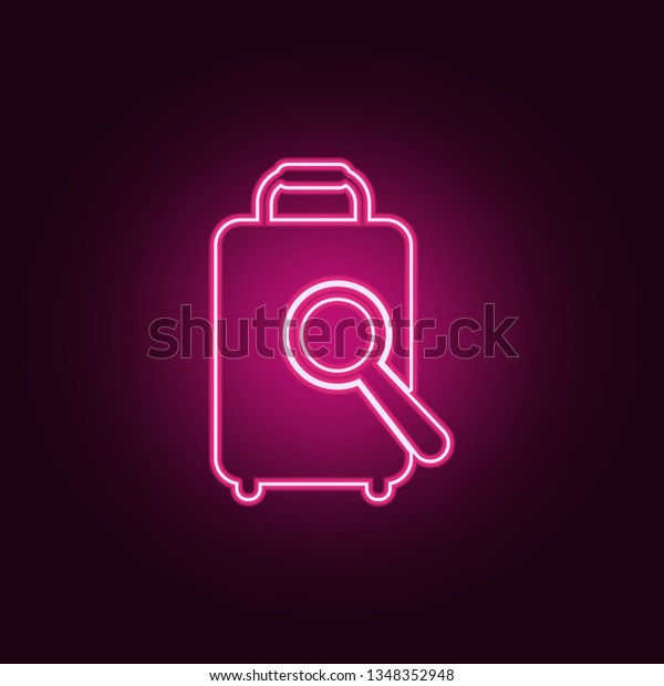 magnifier and luggage icon. Elements of Airport\
in neon style icons. Simple icon for websites, web design, mobile\
app, info graphics