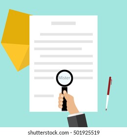 Magnifier, magnifying glass in hand, document, read the document, a letter. Flat design, vector illustration, vector.