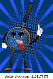 Magnifier making a point. Cartoon Character science research object, analysis, business, examination, optics concept.