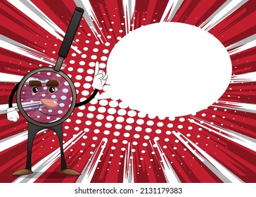 Magnifier making a point. Cartoon Character science research object, analysis, business, examination, optics concept.