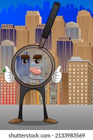 Magnifier making thumbs up sign with two hands. Cartoon Character science research object, analysis, business, examination, optics concept.