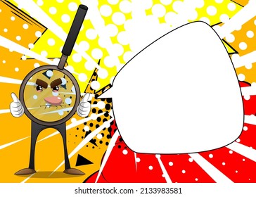 Magnifier making thumbs up sign with two hands. Cartoon Character science research object, analysis, business, examination, optics concept.