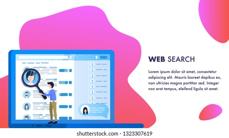 Magnifier Man do Web Employee Search Laptop Screen. Human Resource Office Management. Applicant Character Profile Selection. Professional Worker Hiring. Flat Cartoon Vector Illustration