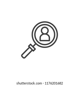 Magnifier with a man outline icon. linear style sign for mobile concept and web design. Search user simple line vector icon. Headhunting symbol, logo illustration. Pixel perfect vector graphics