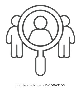 Magnifier and man thin line icon, design recruitment concept. Vector graphics. Search for job candidate, human recourse sign on white background, outline style icon for mobile or web design