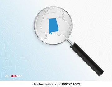 Magnifier with map of Alabama on abstract topographic background. Vector map.