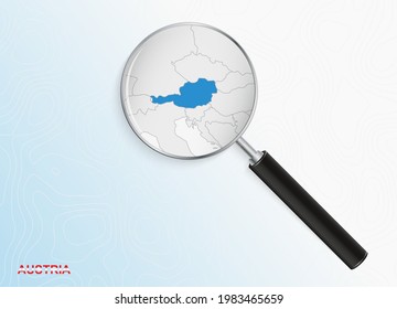 Magnifier with map of Austria on abstract topographic background. Vector map.