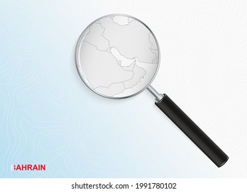 Magnifier with map of Bahrain on abstract topographic background. Vector map.