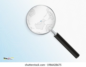 Ampliador con mapa de Brunei sobre fondo topográfico abstracto. Mapa de vectores.