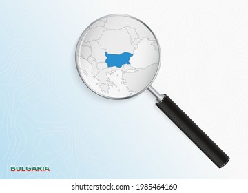 Magnifier with map of Bulgaria on abstract topographic background. Vector map.
