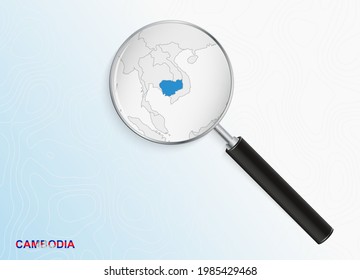 Magnifier with map of Cambodia on abstract topographic background. Vector map.