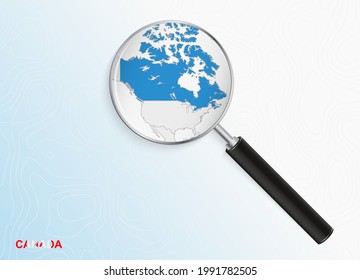 Magnifier with map of Canada on abstract topographic background. Vector map.