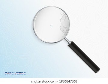 Magnifier with map of Cape Verde on abstract topographic background. Vector map.