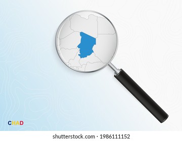 Magnifier with map of Chad on abstract topographic background. Vector map.