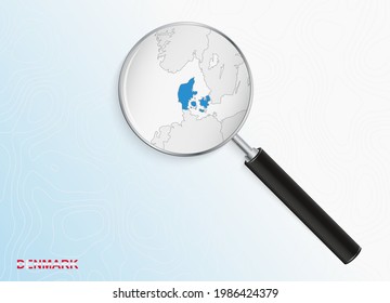 Magnifier with map of Denmark on abstract topographic background. Vector map.
