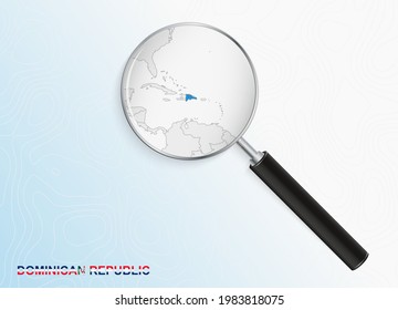 Magnifier with map of Dominican Republic on abstract topographic background. Vector map.