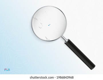 Magnifier with map of Fiji on abstract topographic background. Vector map.