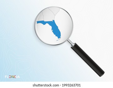 Ampliador con mapa de Florida sobre fondo topográfico abstracto. Mapa de vectores.