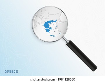 Magnifier with map of Greece on abstract topographic background. Vector map.
