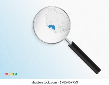 Magnifier with map of Guinea on abstract topographic background. Vector map.