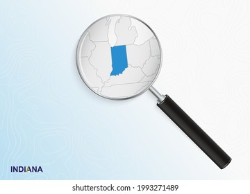 Magnifier with map of Indiana on abstract topographic background. Vector map.