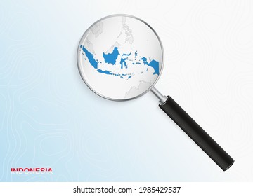 Magnifier with map of Indonesia on abstract topographic background. Vector map.