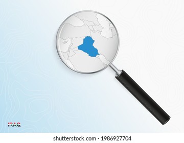 Ampliador con mapa de Iraq sobre fondo topográfico abstracto. Mapa de vectores.