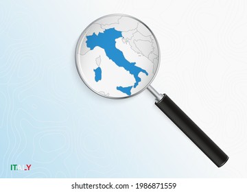 Magnifier with map of Italy on abstract topographic background. Vector map.