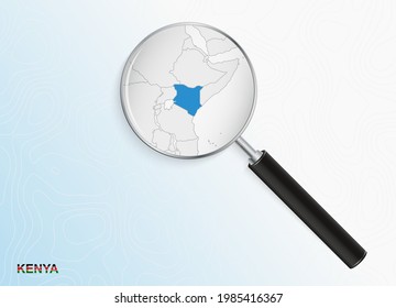 Magnifier with map of Kenya on abstract topographic background. Vector map.