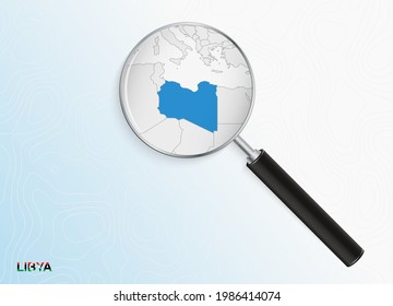 Magnifier with map of Libya on abstract topographic background. Vector map.