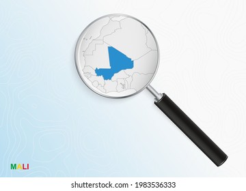 Magnifier with map of Mali on abstract topographic background. Vector map.