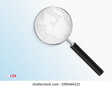 Magnifier with map of Malta on abstract topographic background. Vector map.