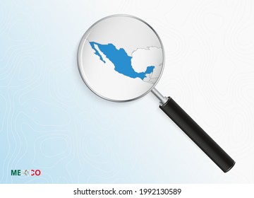 Ampliador con mapa de México sobre fondo topográfico abstracto. Mapa de vectores.