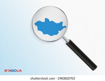Magnifier with map of Mongolia on abstract topographic background. Vector map.