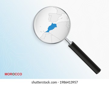 Magnifier with map of Morocco on abstract topographic background. Vector map.