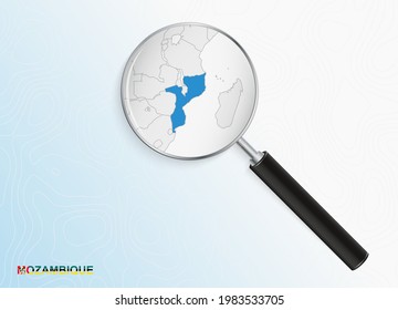 Magnifier with map of Mozambique on abstract topographic background. Vector map.