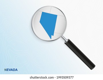 Magnifier with map of Nevada on abstract topographic background. Vector map.