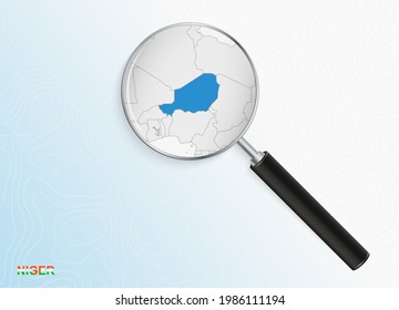 Magnifier with map of Niger on abstract topographic background. Vector map.