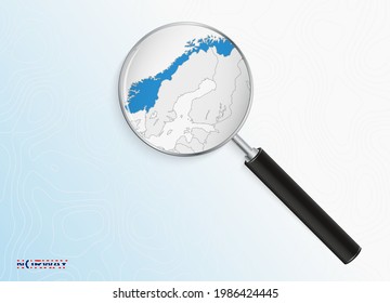 Magnifier with map of Norway on abstract topographic background. Vector map.