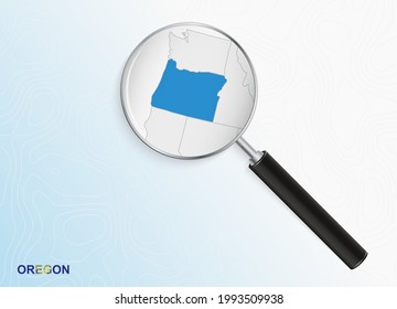 Magnifier with map of Oregon on abstract topographic background. Vector map.